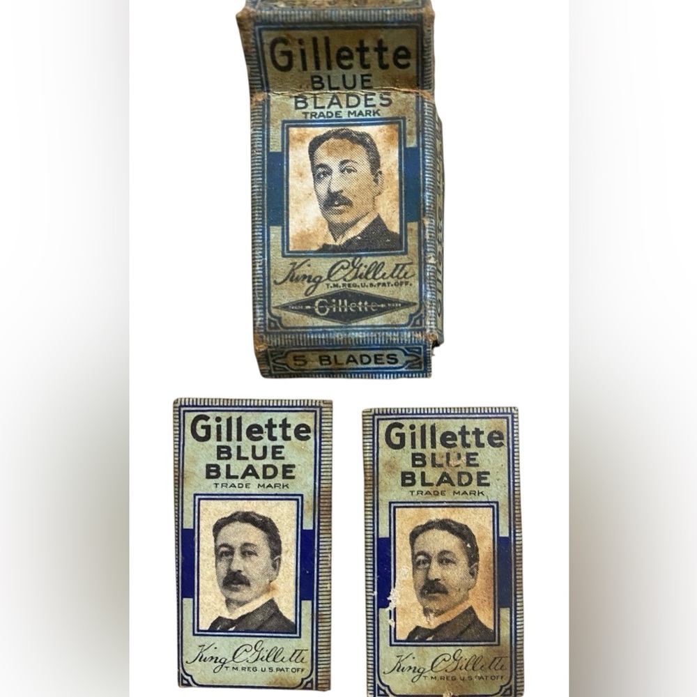 VNTG 2 Gillette Blue Blades, featuring a portrait of founder King C. Gillette.